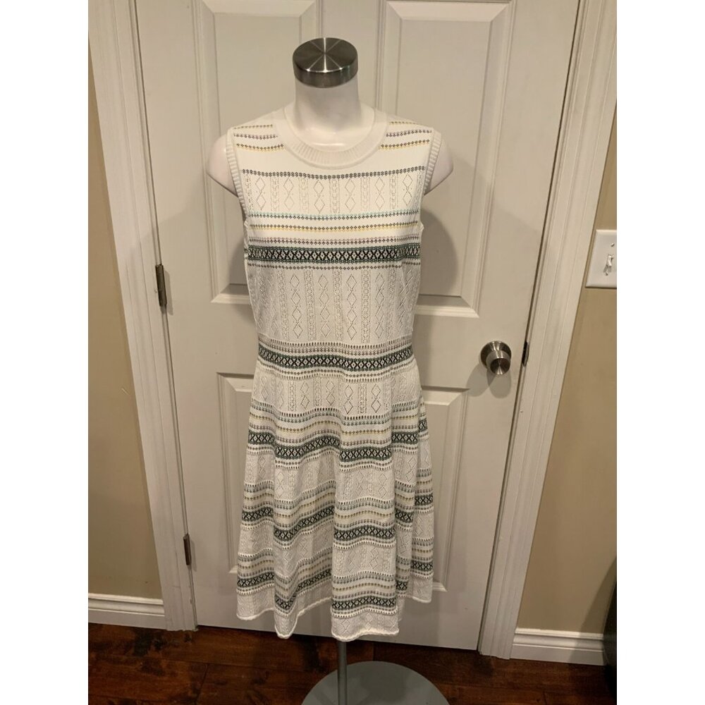 Carolina Herrera White Striped Knit Sleeveless Dress, Size Large